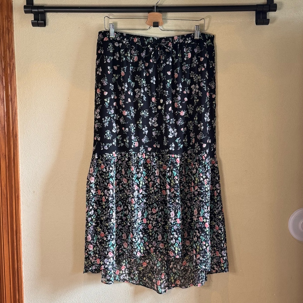 Westport Dressbarn Black Multi-Colored Floral Maxi Hi-Low Boho Prairie Skirt L